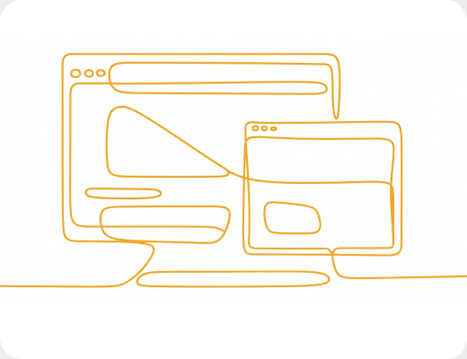 Line drawing of a desktop screen and a browser window of content